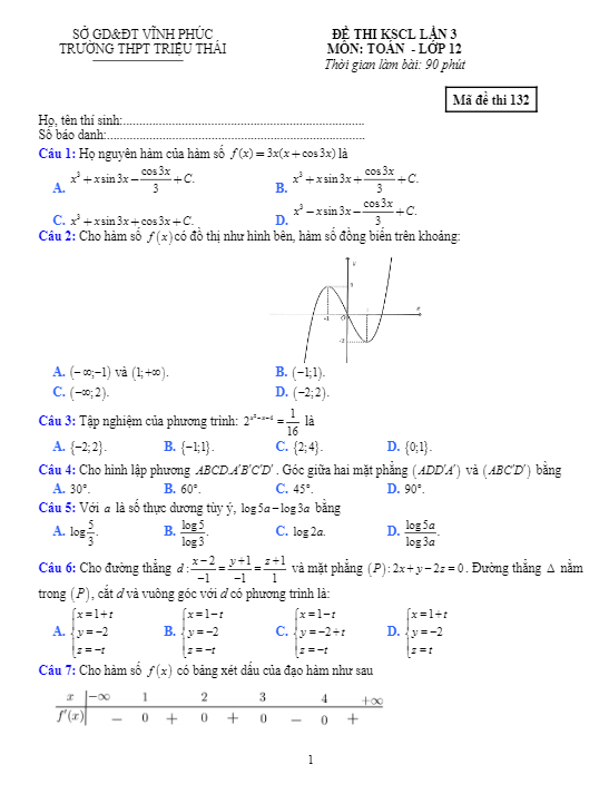 Đề thi KSCL lần 3 lớp 12 môn Toán năm 2018 2019 trường Triệu Thái Vĩnh Phúc