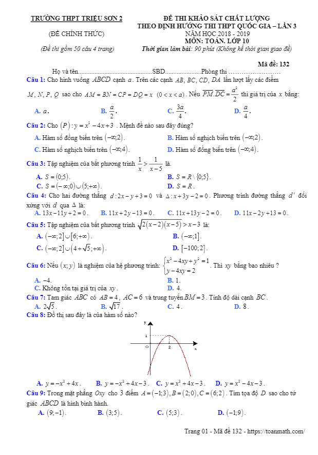 Đề thi KSCL lớp 10 môn Toán THPTQG lần 3 năm 2018 2019 trường Triệu Sơn 2 Thanh Hoá