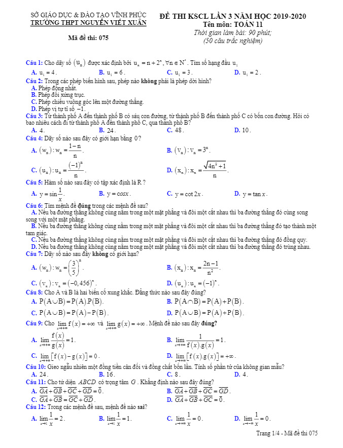 Đề thi KSCL lớp 11 môn Toán lần 3 năm 2019 2020 trường THPT Nguyễn Viết Xuân Vĩnh Phúc