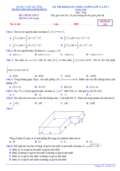 Đề thi KSCL lớp 12 môn Toán lần 1 năm 2019 trường THPT Phan Đình Phùng Hà Tĩnh
