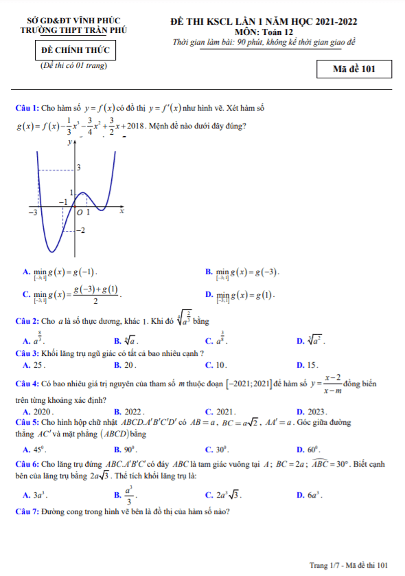 Đề thi KSCL lớp 12 môn Toán lần 1 năm 2021 2022 trường THPT Trần Phú Vĩnh Phúc