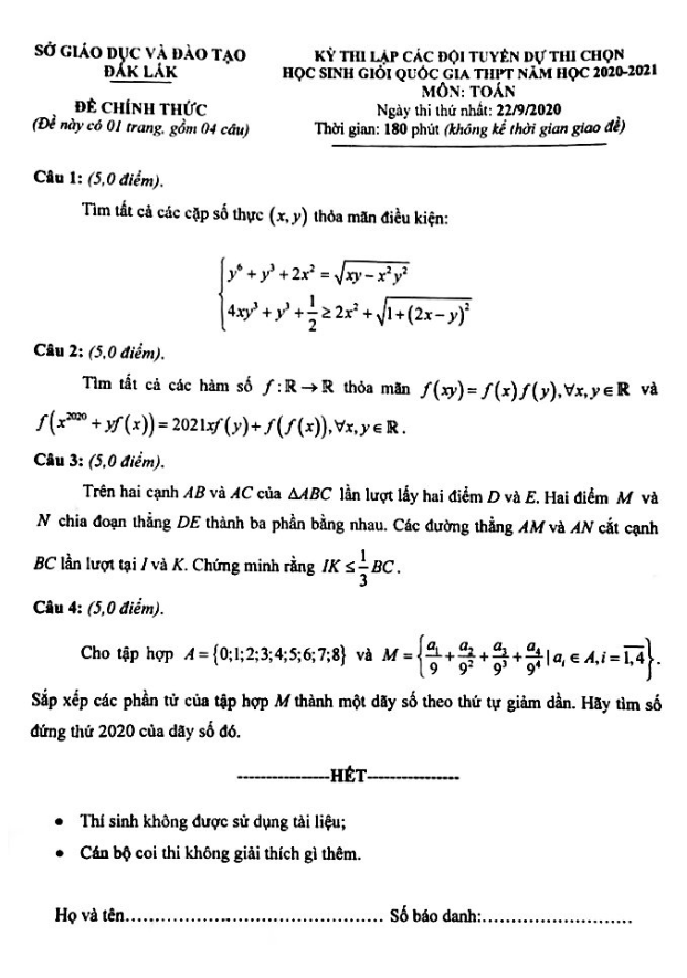 Đề thi lập đội tuyển HSG Toán THPT năm 2020 2021 sở GD ĐT Đắk Lắk (ngày 1)