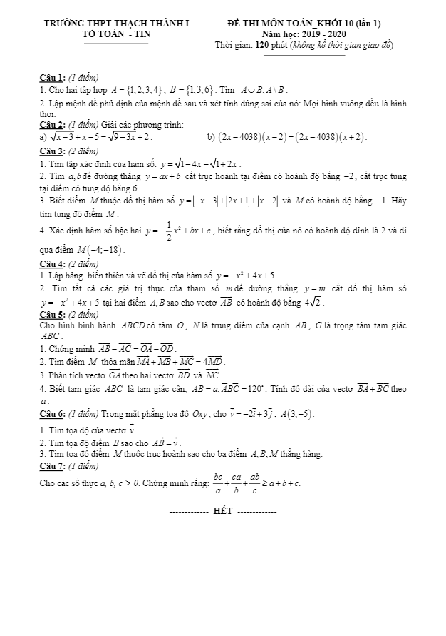 Đề thi lớp 10 môn Toán lần 1 năm 2019 2020 trường THPT Thạch Thành 1 Thanh Hóa