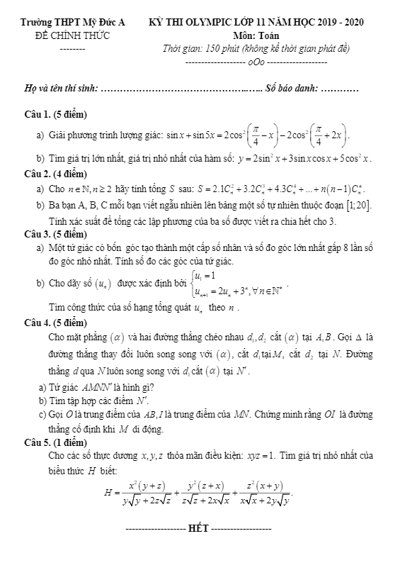 Đề thi Olympic lớp 11 môn Toán năm 2019 2020 trường THPT Mỹ Đức A Hà Nội