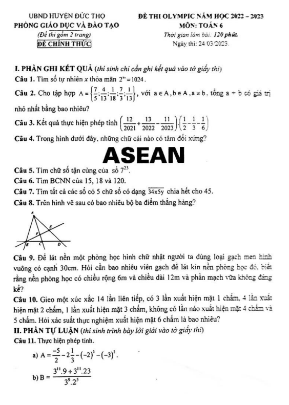 Đề thi Olympic lớp 6 môn Toán năm 2022 2023 phòng GD ĐT Đức Thọ Hà Tĩnh