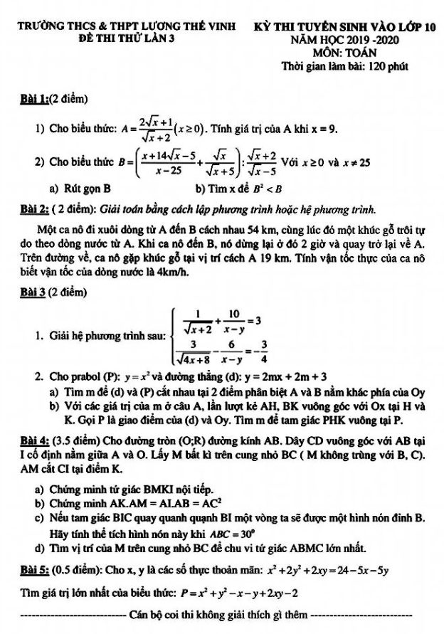 Đề thi thử Toán tuyển sinh năm 2018 2019 trường Lương Thế Vinh Hà Nội