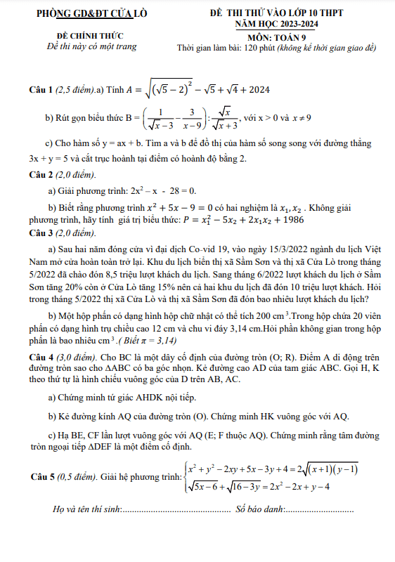 Đề thi thử Toán vào 10 lần 2 năm 2023 2024 phòng GD ĐT Cửa Lò Nghệ An