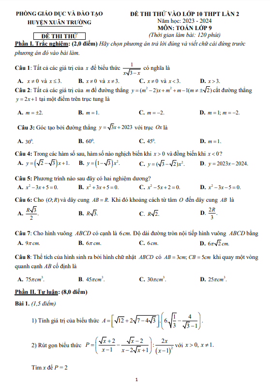 Đề thi thử Toán vào 10 lần 2 năm 2023 2024 phòng GD ĐT Xuân Trường Nam Định