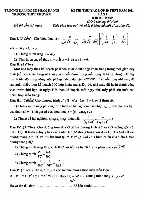 Đề thi thử Toán vào lần 2 năm 2021 trường chuyên Đại học Sư phạm Hà Nội