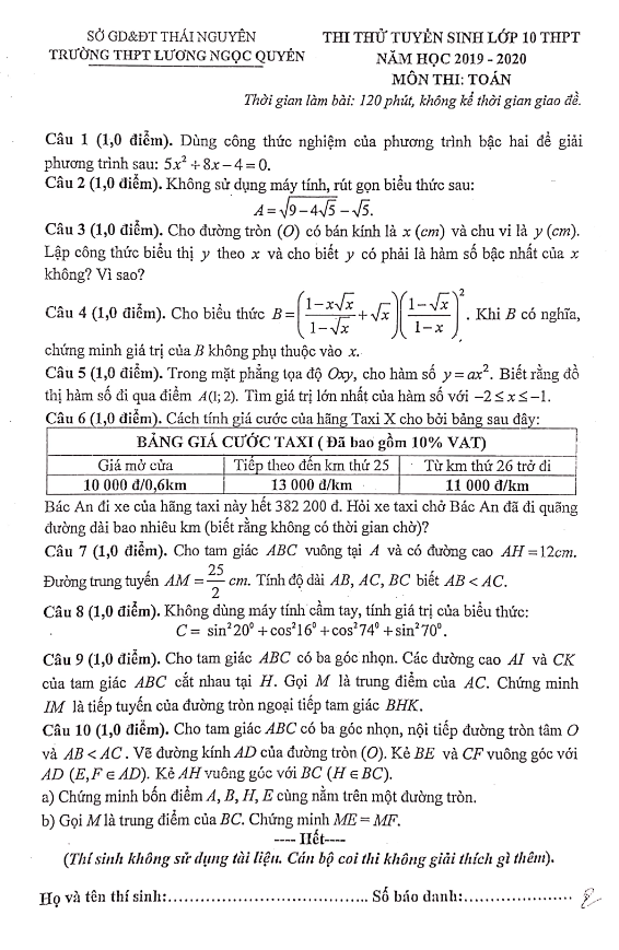Đề thi thử Toán vào năm 2019 2020 trường Lương Ngọc Quyến Thái Nguyên