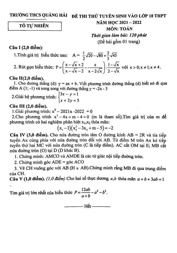 Đề thi thử Toán vào năm 2021 2022 trường THCS Quảng Hải Quảng Bình