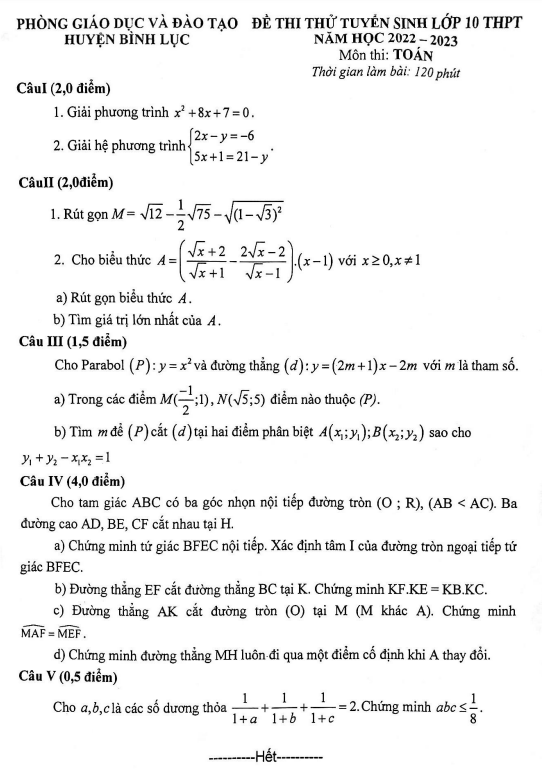 Đề thi thử Toán vào năm 2022 2023 phòng GD ĐT Bình Lục Hà Nam
