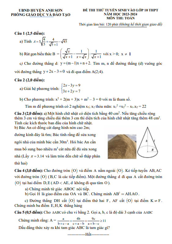 Đề thi thử Toán vào năm 2023 2024 phòng GD ĐT Anh Sơn Nghệ An