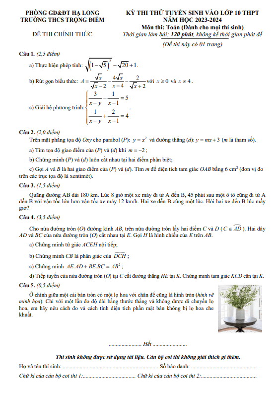 Đề thi thử Toán vào năm 2023 2024 trường THCS Trọng Điểm Quảng Ninh