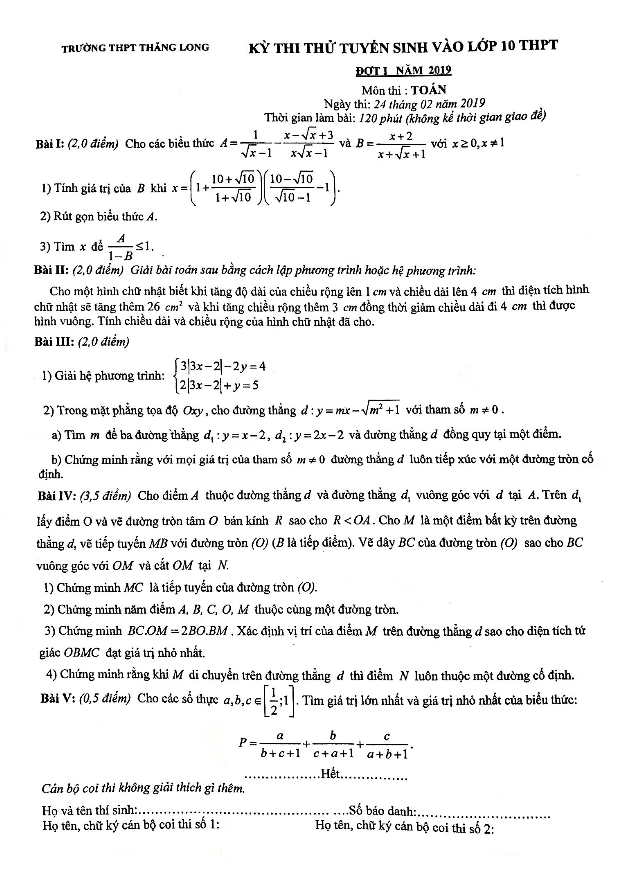 Đề thi thử Toán vào THPT đợt 1 năm 2019 trường Thăng Long Hà Nội