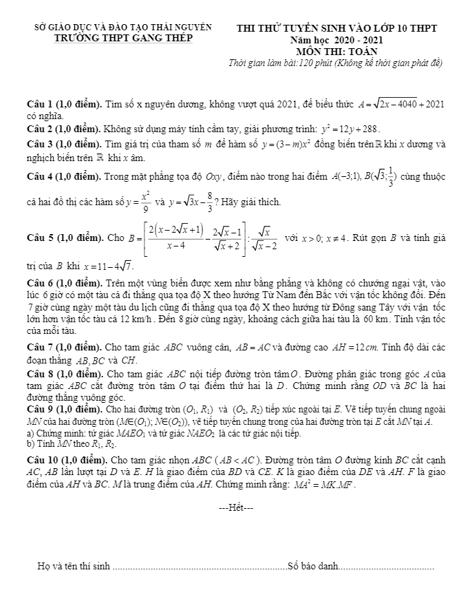 Đề thi thử vào 10 năm 2020 2021 môn Toán trường Gang Thép Thái Nguyên