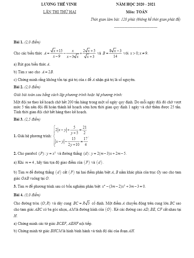 Đề thi thử vào môn Toán lần 2 năm 2020 2021 trường Lương Thế Vinh Hà Nội