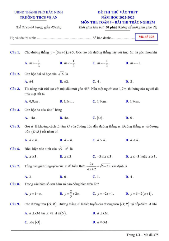 Đề thi thử vào THPT môn Toán năm 2022 2023 trường THCS Vệ An Bắc Ninh