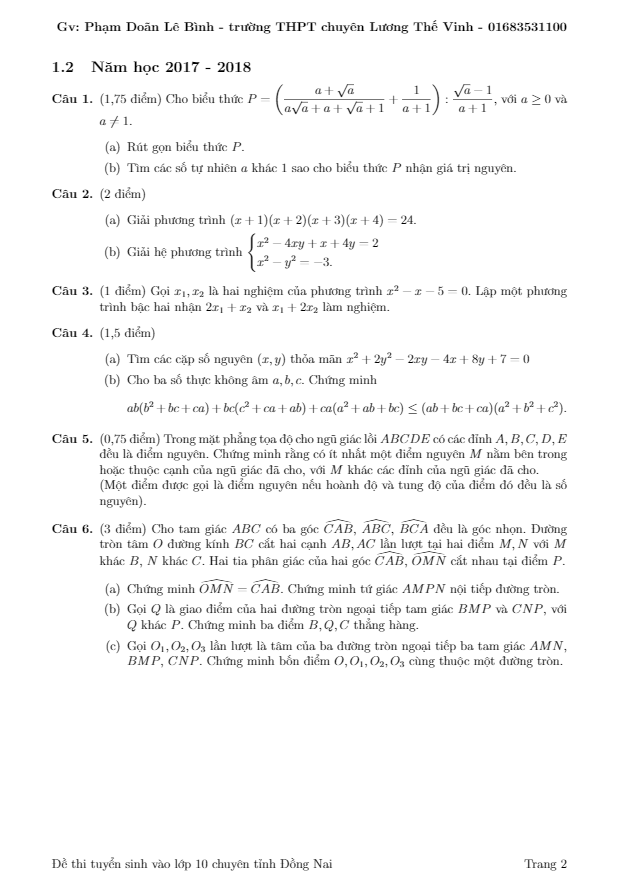 Đề thi tuyển sinh THPT chuyên năm học 2017 2018 môn Toán sở GD và ĐT Đồng Nai