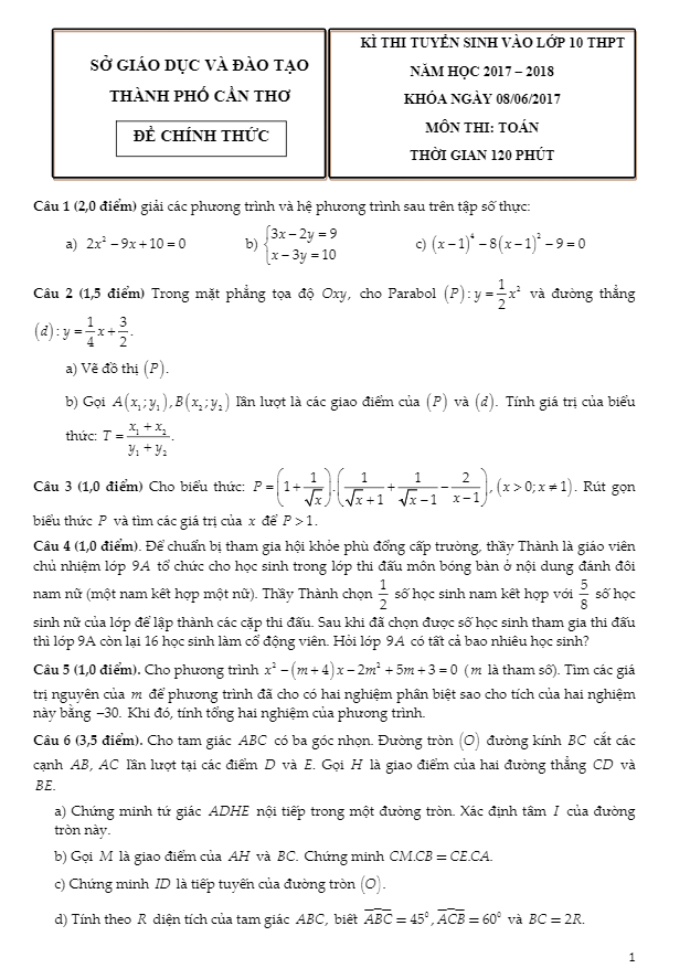 Đề thi tuyển sinh THPT năm học 2017 2018 môn Toán sở GD và ĐT Cần Thơ