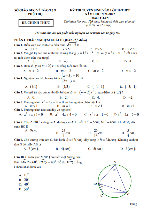 Đề thi tuyển sinh vào môn Toán năm 2021 2022 sở GD ĐT Phú Thọ