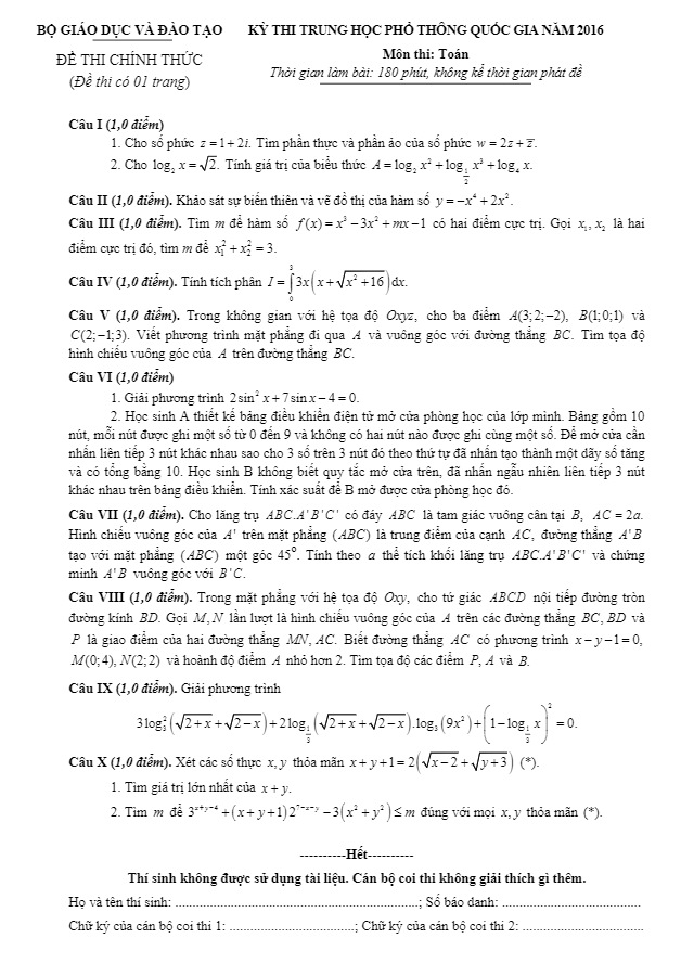 Đề thi và đáp án môn Toán kì thi THPT Quốc gia 2016