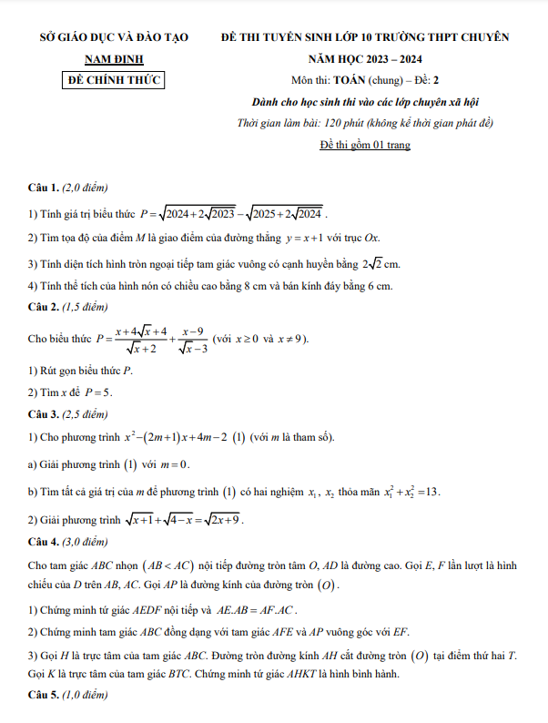 Đề thi vào 10 chuyên môn Toán (chung XH) năm 2023 2024 sở GD ĐT Nam Định