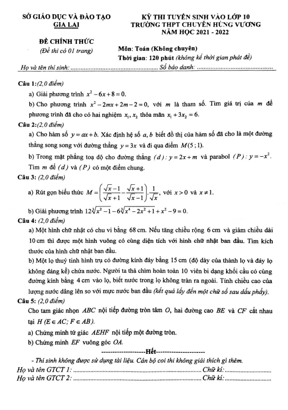 Đề thi vào 10 môn Toán năm 2021 2022 trường chuyên Hùng Vương Gia Lai