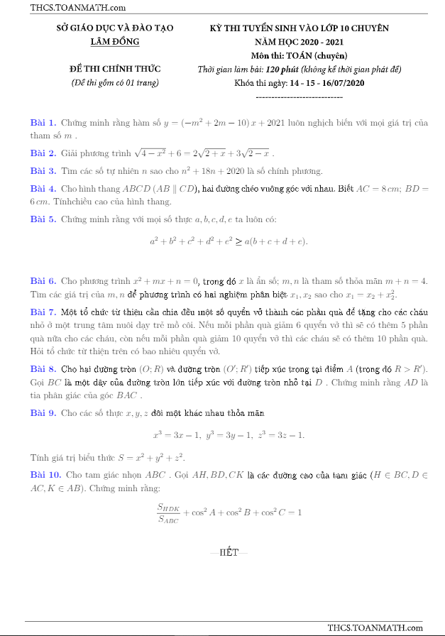 Đề thi vào chuyên môn Toán năm 2020 2021 sở GD ĐT Lâm Đồng (chuyên Toán)