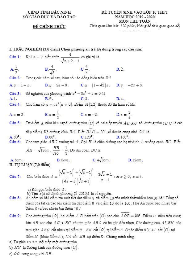 Đề Toán tuyển sinh năm 2019 2020 sở GD ĐT Bắc Ninh