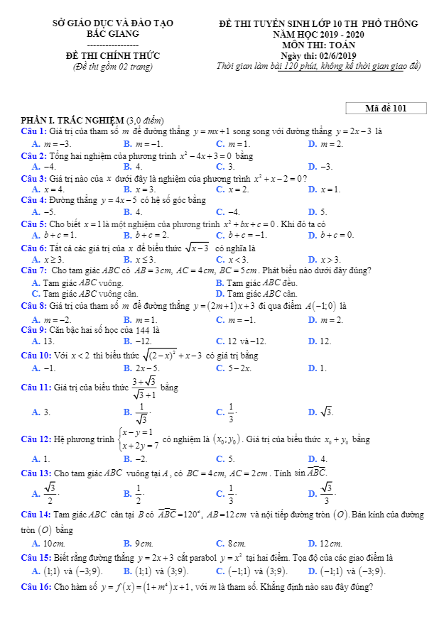 Đề Toán tuyển sinh THPT năm 2019 2020 sở GD ĐT Bắc Giang