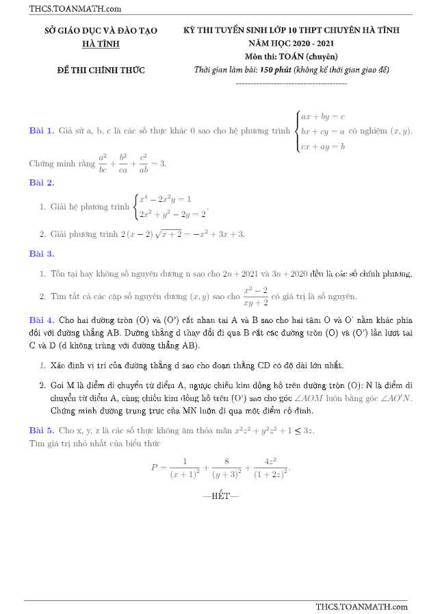 Đề tuyển sinh 10 môn Toán năm 2020 2021 trường THPT chuyên Hà Tĩnh (chuyên)