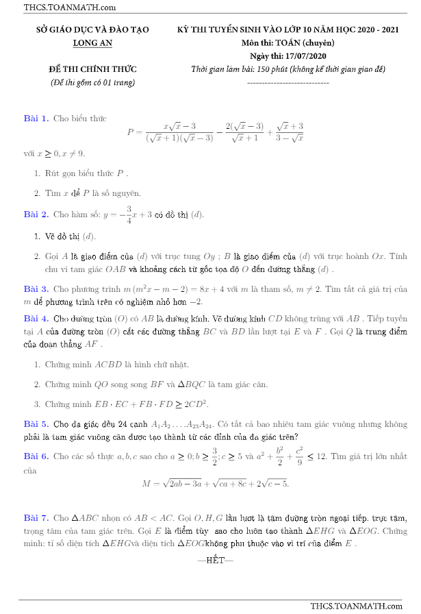 Đề tuyển sinh môn Toán (chuyên) năm 2020 2021 sở GD ĐT Long An