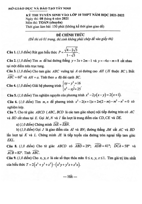 Đề tuyển sinh môn Toán (chuyên) năm 2021 2022 sở GD ĐT Tây Ninh