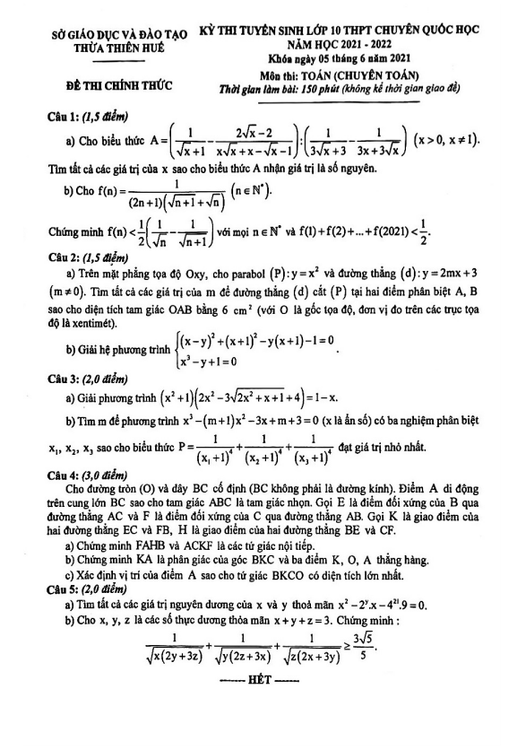 Đề tuyển sinh môn Toán (chuyên) năm 2021 2022 trường chuyên Quốc học Huế
