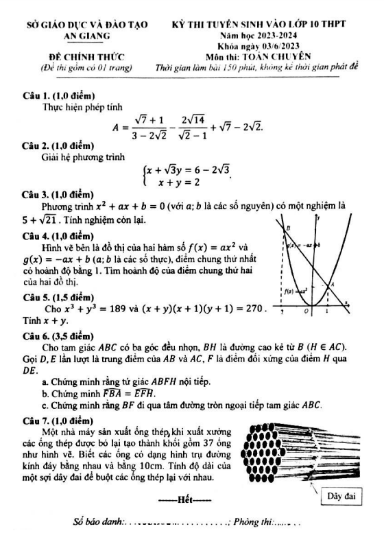 Đề tuyển sinh môn Toán (chuyên) năm 2023 2024 sở GD ĐT An Giang