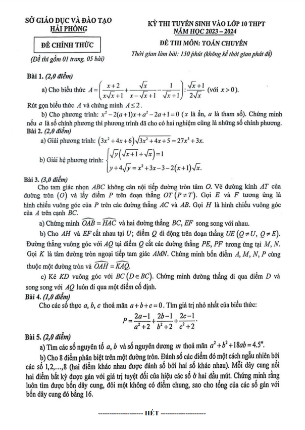 Đề tuyển sinh môn Toán (chuyên) năm 2023 2024 sở GD ĐT Hải Phòng
