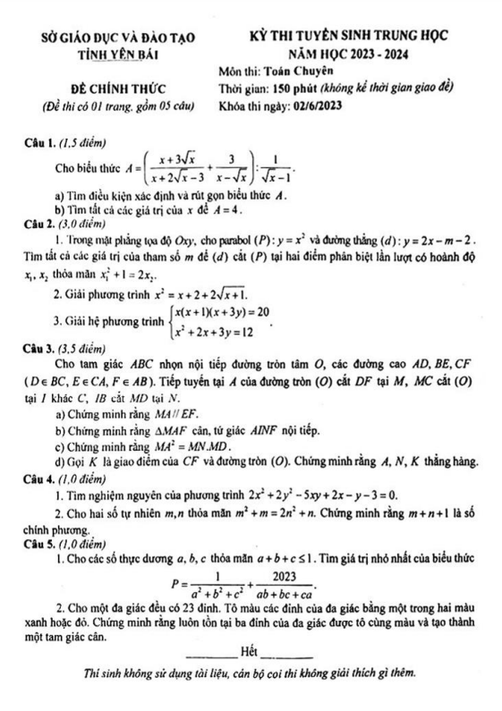 Đề tuyển sinh môn Toán (chuyên) năm 2023 2024 sở GD ĐT Yên Bái