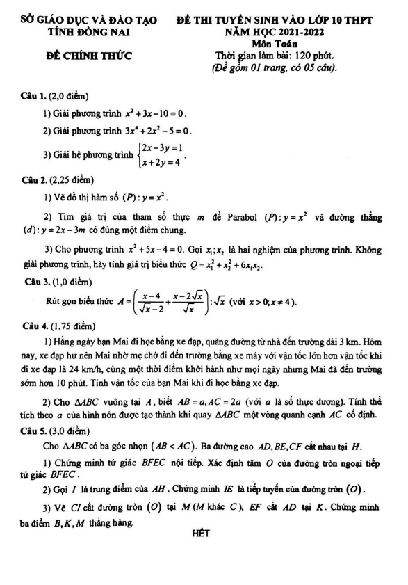Đề tuyển sinh môn Toán năm 2021 2022 sở GD ĐT Đồng Nai