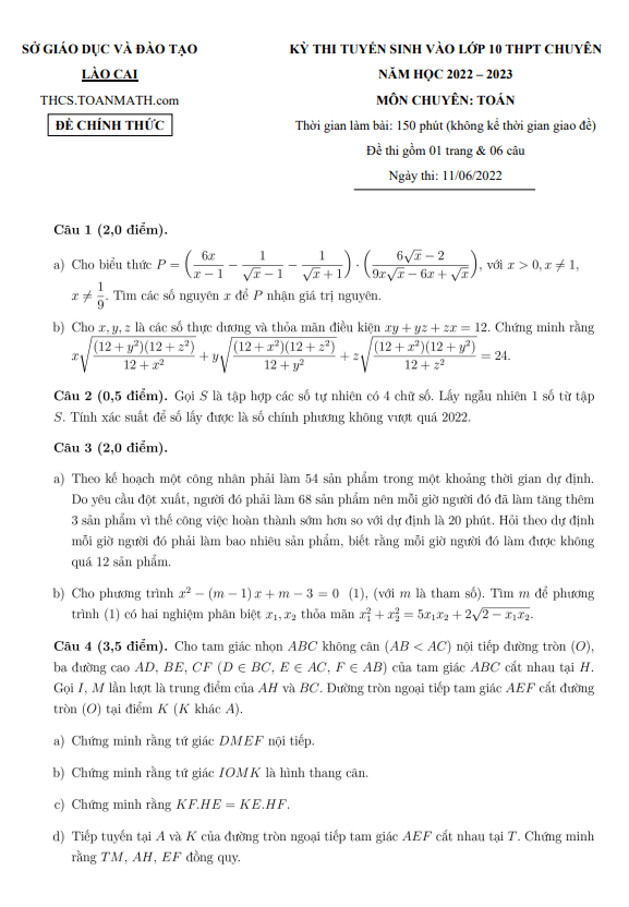 Đề tuyển sinh THPT chuyên môn Toán năm 2022 2023 sở GD ĐT Lào Cai