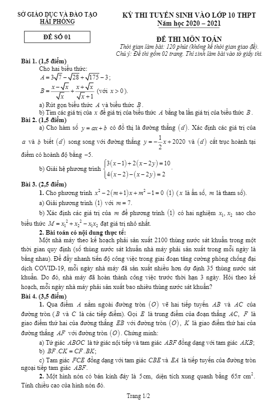 Đề tuyển sinh THPT môn Toán năm 2020 2021 sở GD ĐT Hải Phòng