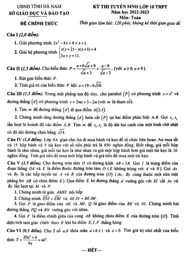Đề tuyển sinh THPT môn Toán năm 2022 2023 sở GD ĐT Hà Nam
