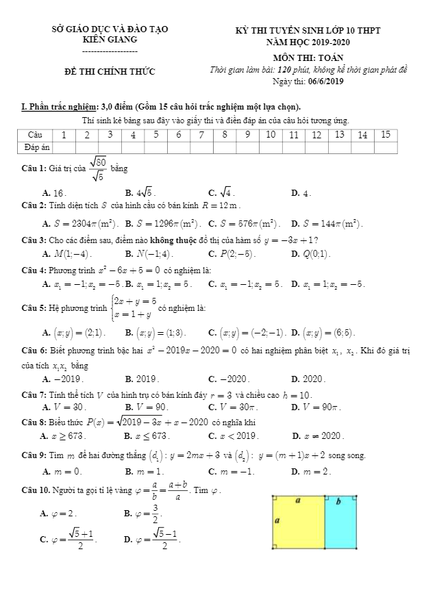 Đề tuyển sinh THPT năm 2019 2020 môn Toán sở GD ĐT Kiên Giang