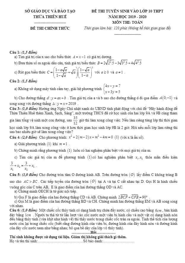 Đề tuyển sinh THPT năm 2019 2020 môn Toán sở GD ĐT Thừa Thiên Huế
