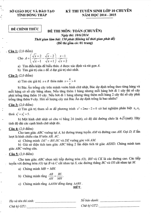 Đề tuyển sinh vào 10 chuyên môn Toán chuyên năm 2014 2015 sở GD ĐT Đồng Tháp