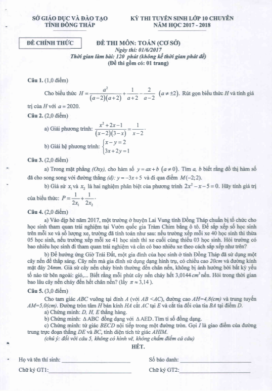 Đề tuyển sinh vào 10 chuyên môn Toán cơ sở năm 2017 2018 sở GD ĐT Đồng Tháp
