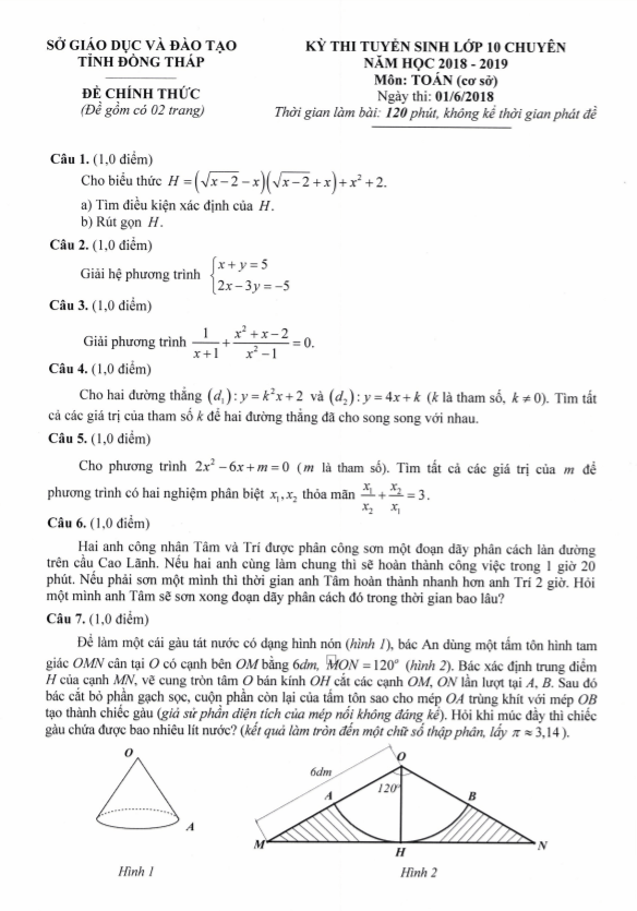 Đề tuyển sinh vào 10 chuyên môn Toán cơ sở năm 2018 2019 sở GD ĐT Đồng Tháp