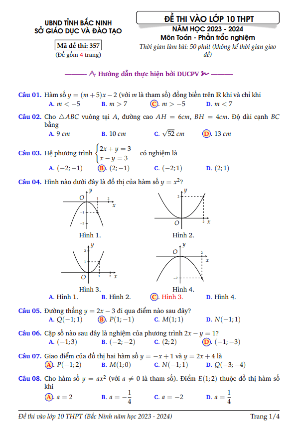 Đề tuyển sinh vào môn Toán năm 2023 2024 sở GD ĐT Bắc Ninh