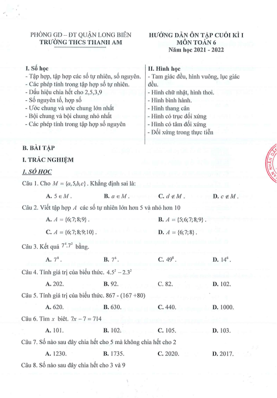 Hướng dẫn ôn tập học kì 1 (HK1) lớp 6 môn Toán năm 2021 2022 trường THCS Thanh Am Hà Nội