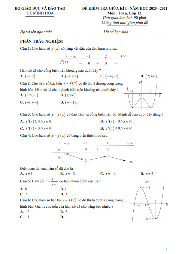 Ma trận, bảng đặc tả kĩ thuật và đề minh họa kiểm tra giữa học kì 1 (HK1) lớp 12 môn Toán